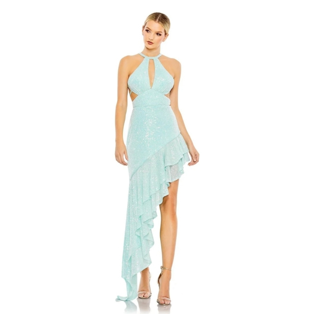NWT Ieena For Mac Duggal Aqua Asymmetrical Sequins Dress, Size 2